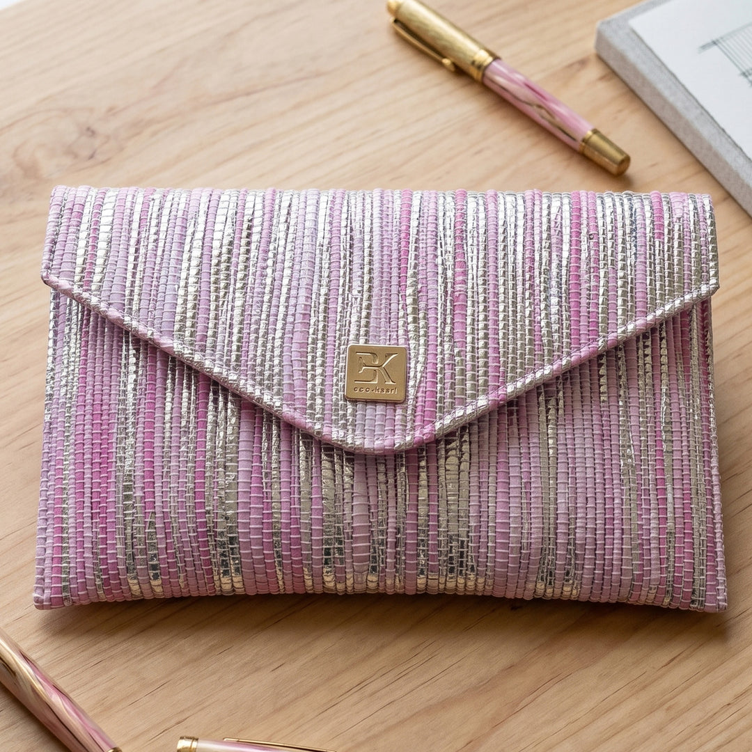 Pink and Silver Striped Upcycled Plastic Handcrafted Envelope Clutch Sling