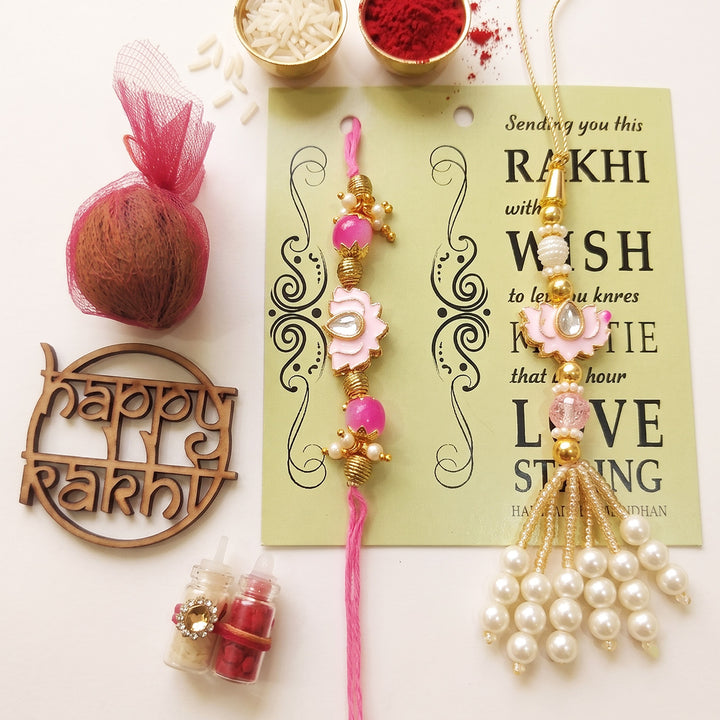 Handmade Lotus Pink Premium Agate Bhaiya Bhabhi Couple Rakhi And Lumba Set With Roli Chawal, Nariyal And Gift Box | Set of 2