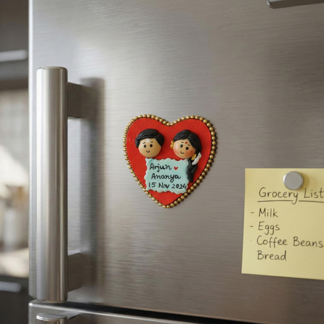 South Indian Couple Handmade Personalized Polymer Clay Heart Fridge Magents