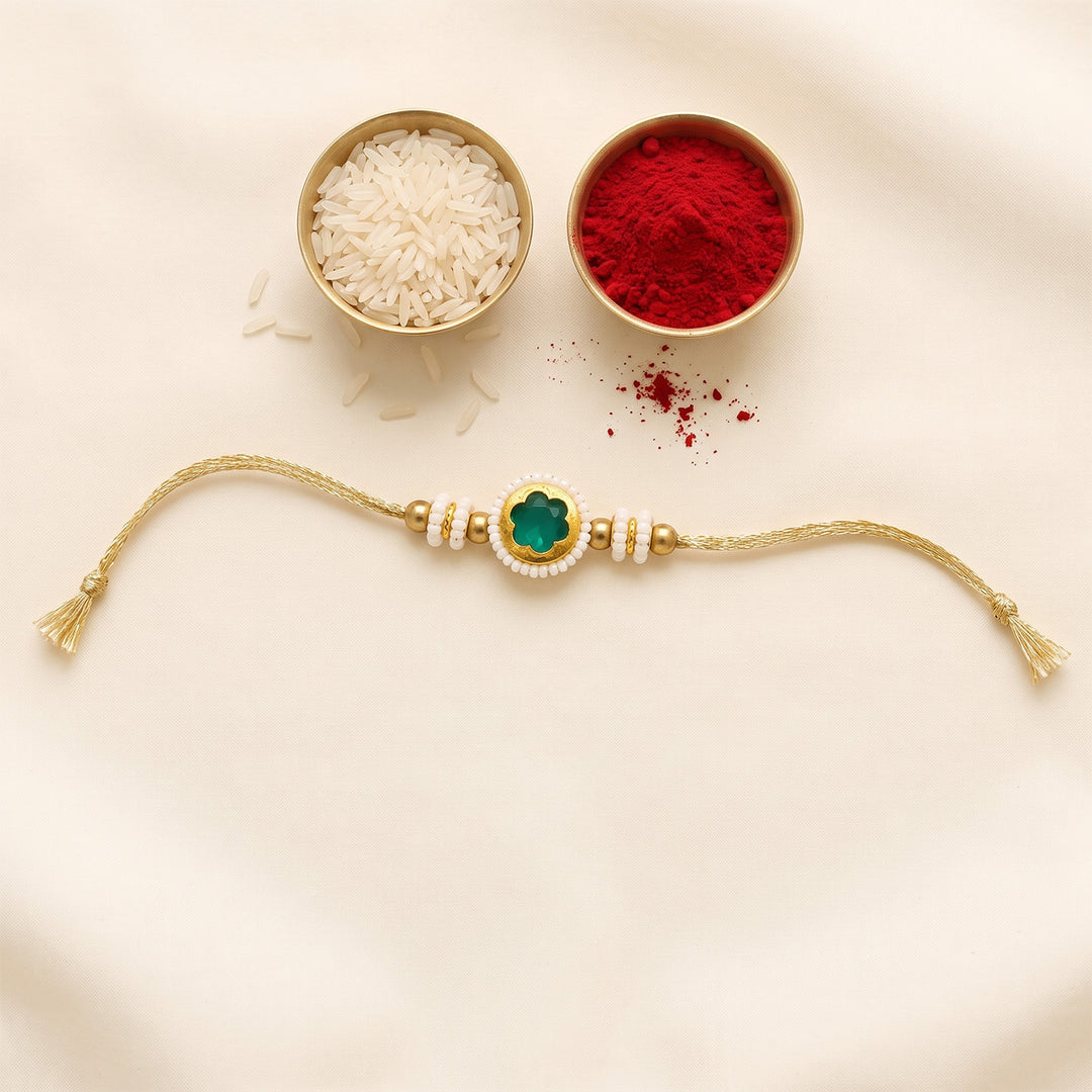 Reusable Emerald Beaded Thread Rakhi With Roli Chawal For Brother