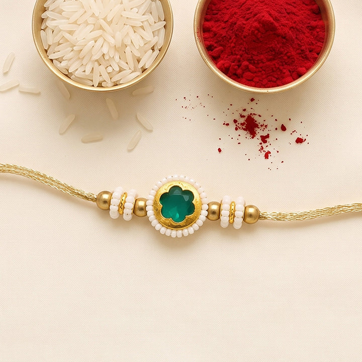 Reusable Emerald Beaded Thread Rakhi With Roli Chawal For Brother