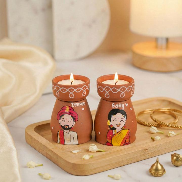 2 Pc | Gujarati Couple Handpainted Terracotta Tealight Holder
