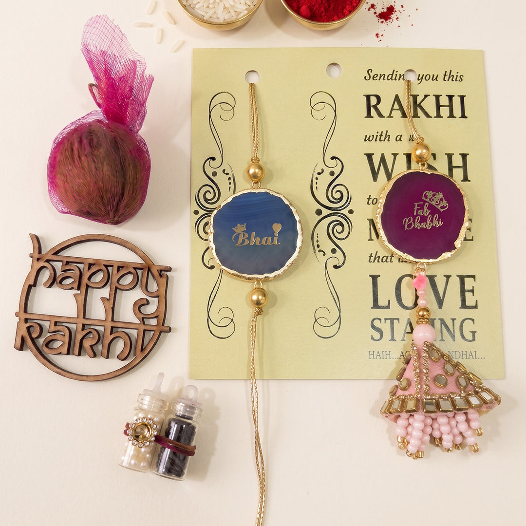 Handmade "Bhai Bhabhi" Pink And Blue Premium Agate Couple Rakhi And Lumba Set With Roli Chawal, Nariyal And Gift Box | Set of 2