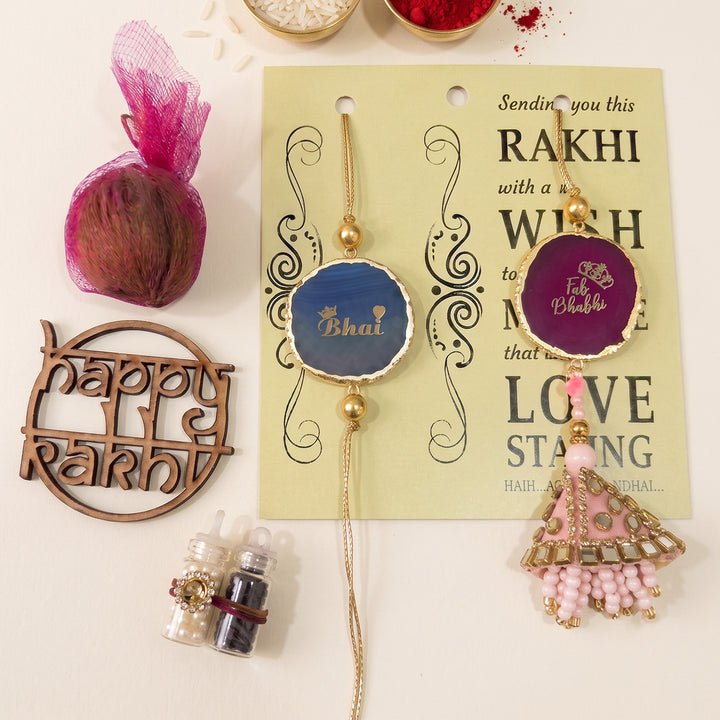 Handmade "Bhai Bhabhi" Pink And Blue Premium Agate Couple Rakhi And Lumba Set With Roli Chawal, Nariyal And Gift Box | Set of 2