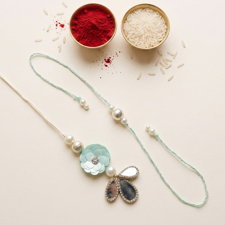 Handmade Darpan Phool Design Couple Rakhi Lumba Set With Roli Chawal For Bhaiya Bhabhi