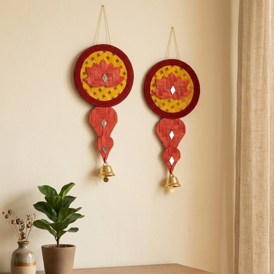 Set of 2 | "Saroj" Handcrafted Bamboo Lotus Wall Hanging with Metal Bell For Festive Decor