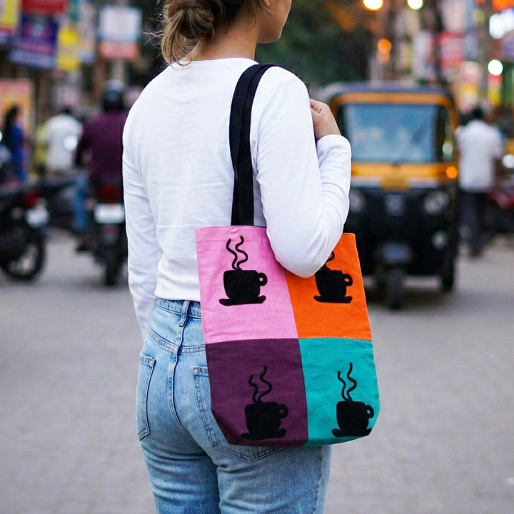 Hand-Embroidered Dori Work Coffee Time Tote Bag