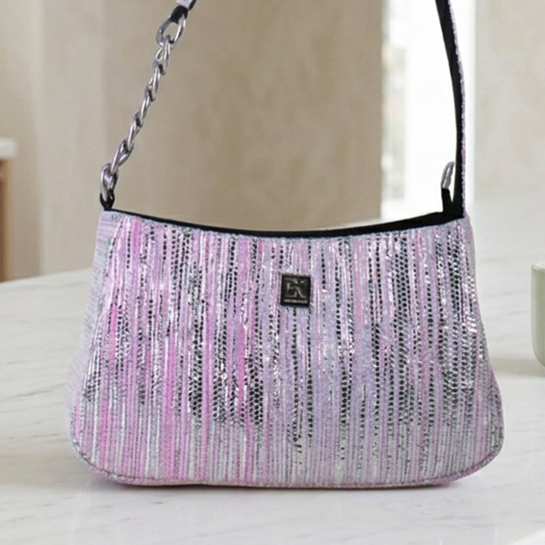 Pink and Silver Striped Upcycled Plastic Handcrafted Mini Baguette Handbag