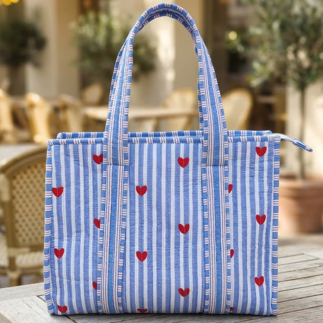 Handmade Blue Heartbeat Cotton Tote Bag