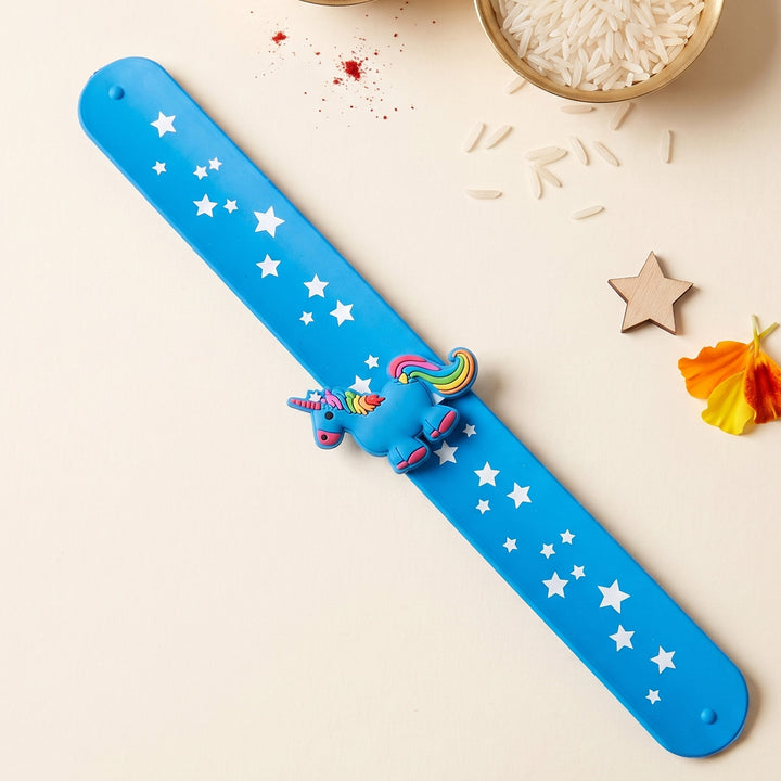 Handmade Cute Unicorn Silicone Slap Band Rakhi For Kids With Roli Chawal For Brother