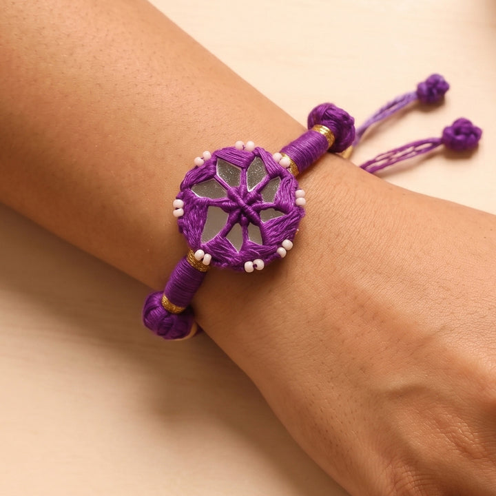 Handmade Mirror Work Patwa Purple Cotton Rakhi With Roli Chawal
