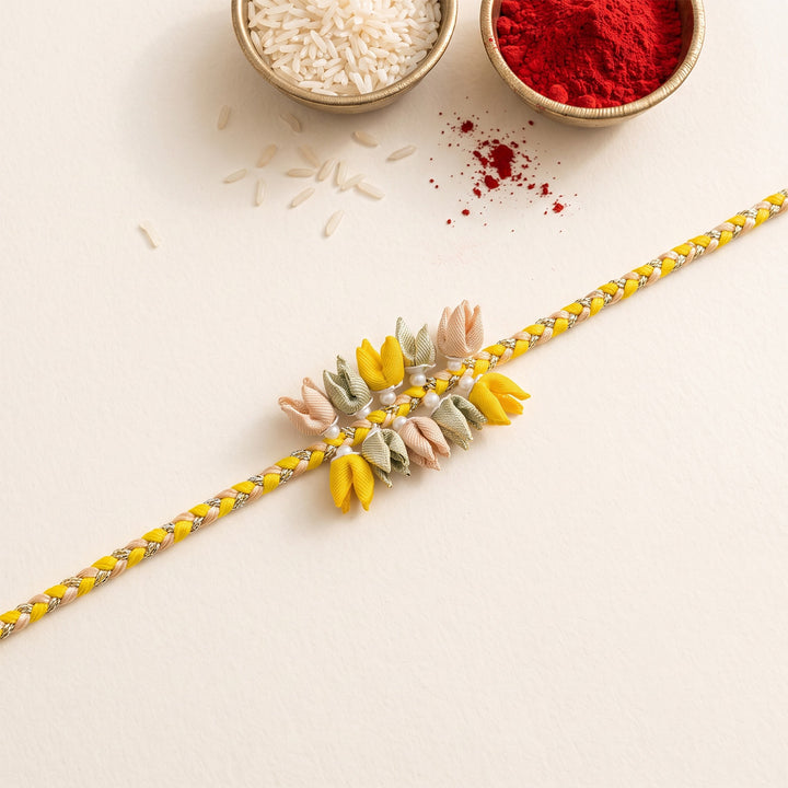Handmade Pastel Dual-Tier Tulip Bud & Pearl Silk Fabric Rakhi For Brother With Roli Chawal