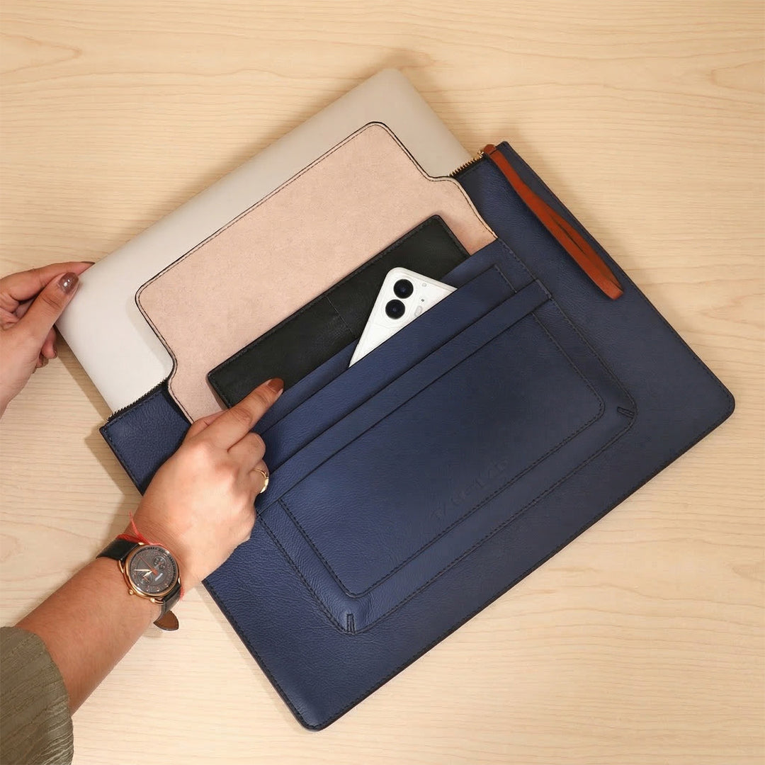 Personalized Blue Gabby Leather Laptop Sleeve