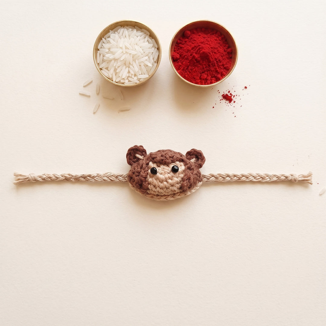 Handmade Crochet Little Monkey Theme Rakhi With Roli Chawal for Kids