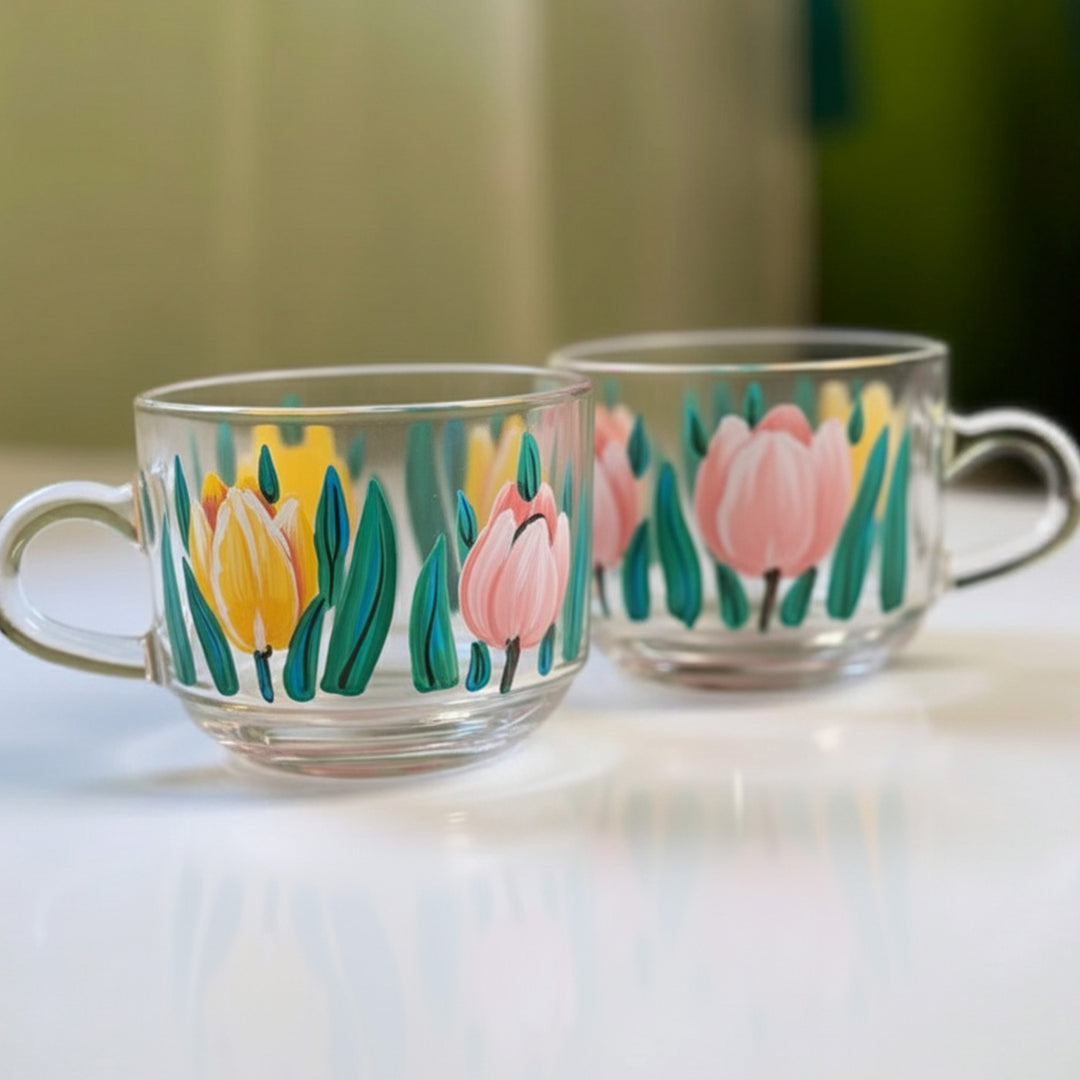 Hand-Painted Tulips Glass Tea Cups