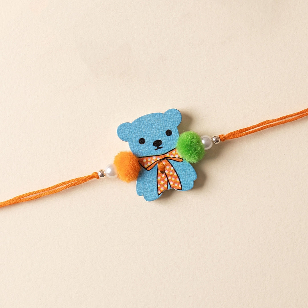 Bow-Tie Teddy Handcrafted Wooden Kids Rakhi With Roli Chawal For Brother