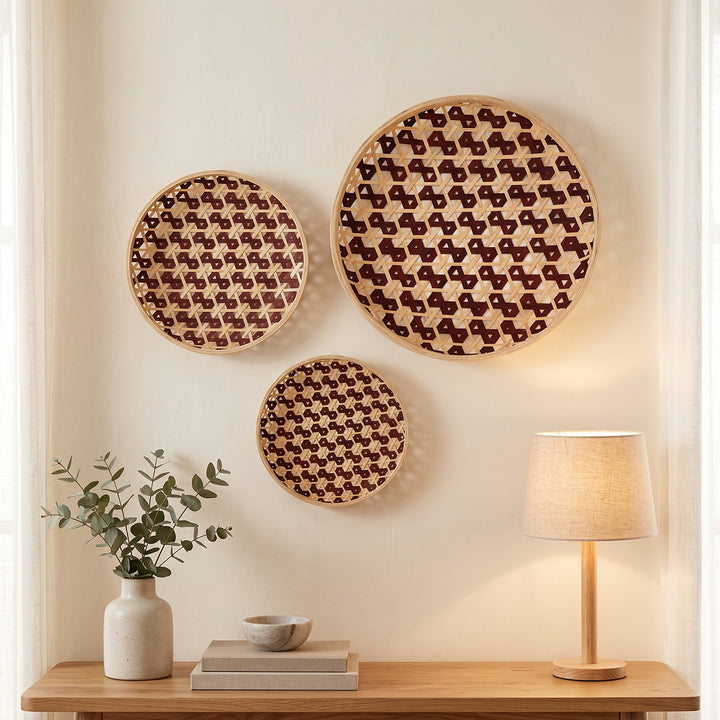 Set of 3 | "Zira" Handcrafted Woven Bamboo Wall Plate With Lacquered Finish For Festive Decor