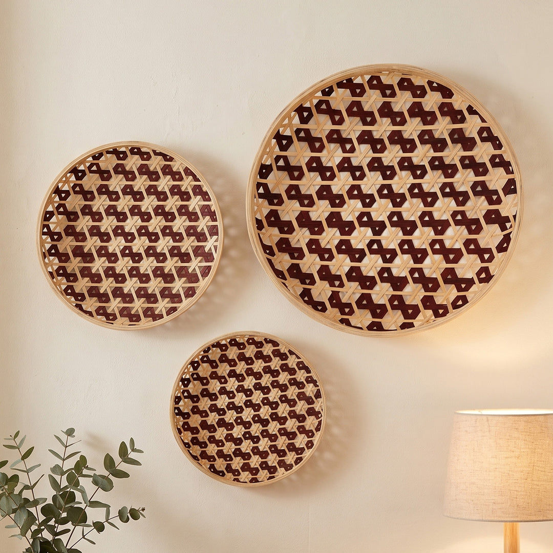Set of 3 | "Zira" Handcrafted Woven Bamboo Wall Plate With Lacquered Finish For Festive Decor