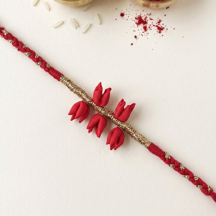 Handmade Tulip Bud Silk Fabric Floral Rakhi For Brother With Roli Chawal