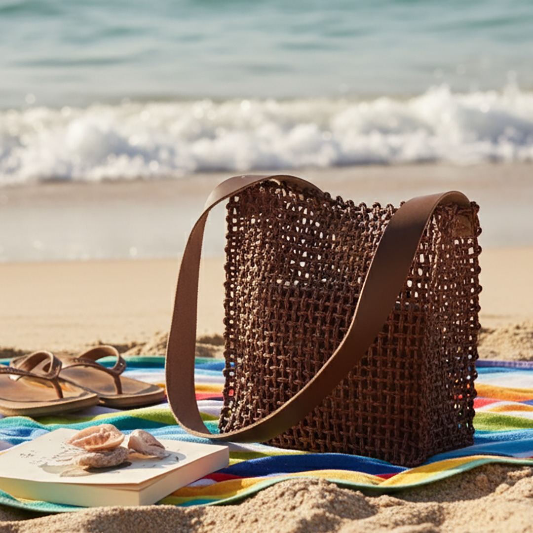 Handmade Grass Woven Box Shaped Leather Strap Brown Sabai Mesh Tote Bag
