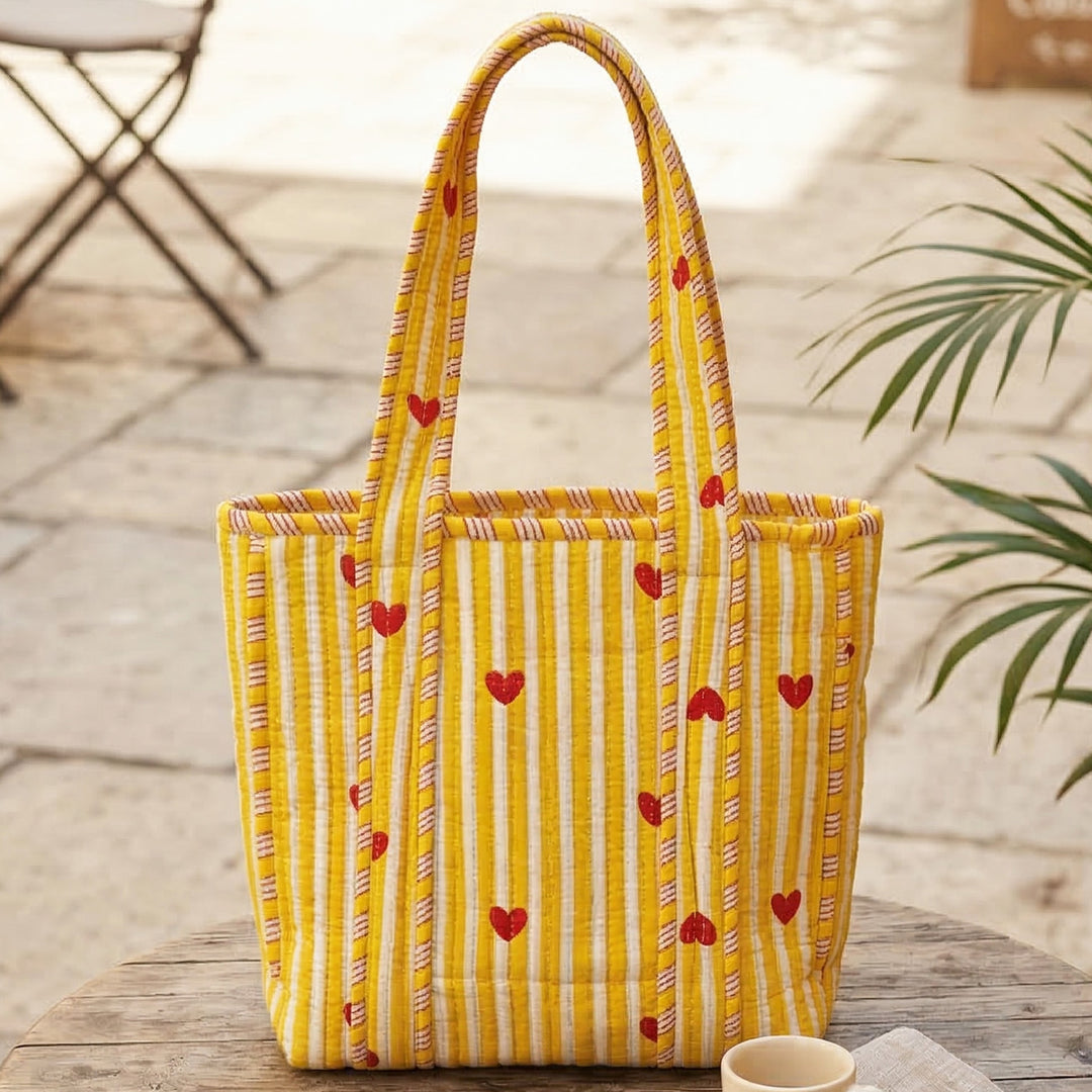 Handmade Yellow Heartbeat Cotton Tote Bag