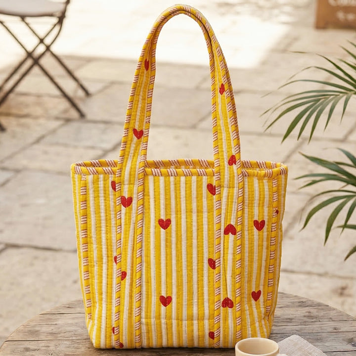 Handmade Yellow Heartbeat Cotton Tote Bag