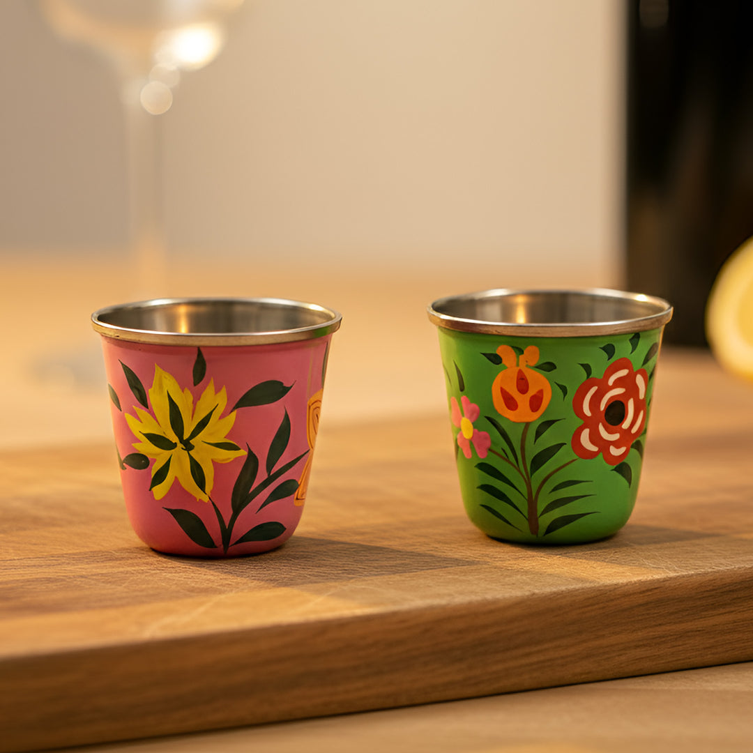 2Pc | Hand-Painted Green & Pink Floral Kashmiri Art Stainless Steel Shot Glasses