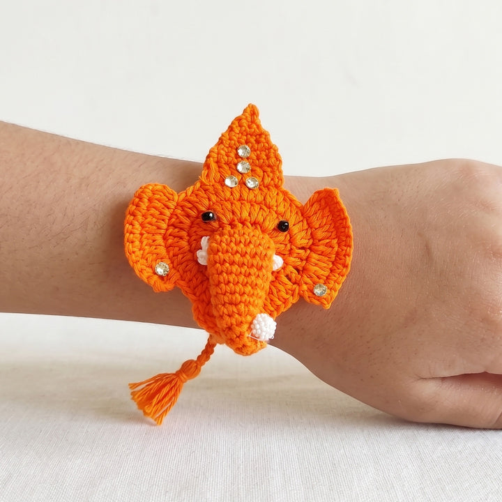 Handmade Crochet Ganpati Bappa Theme Rakhi With Roli Chawal for Kids