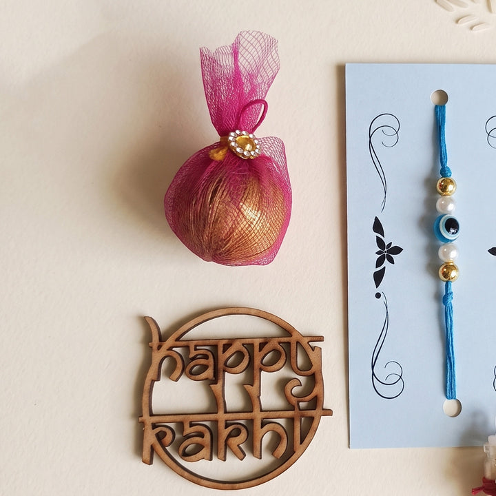 Handmade Evil Eye Blue Premium Agate Rakhi With Roli Chawal, Nariyal And Gift Box For Brother