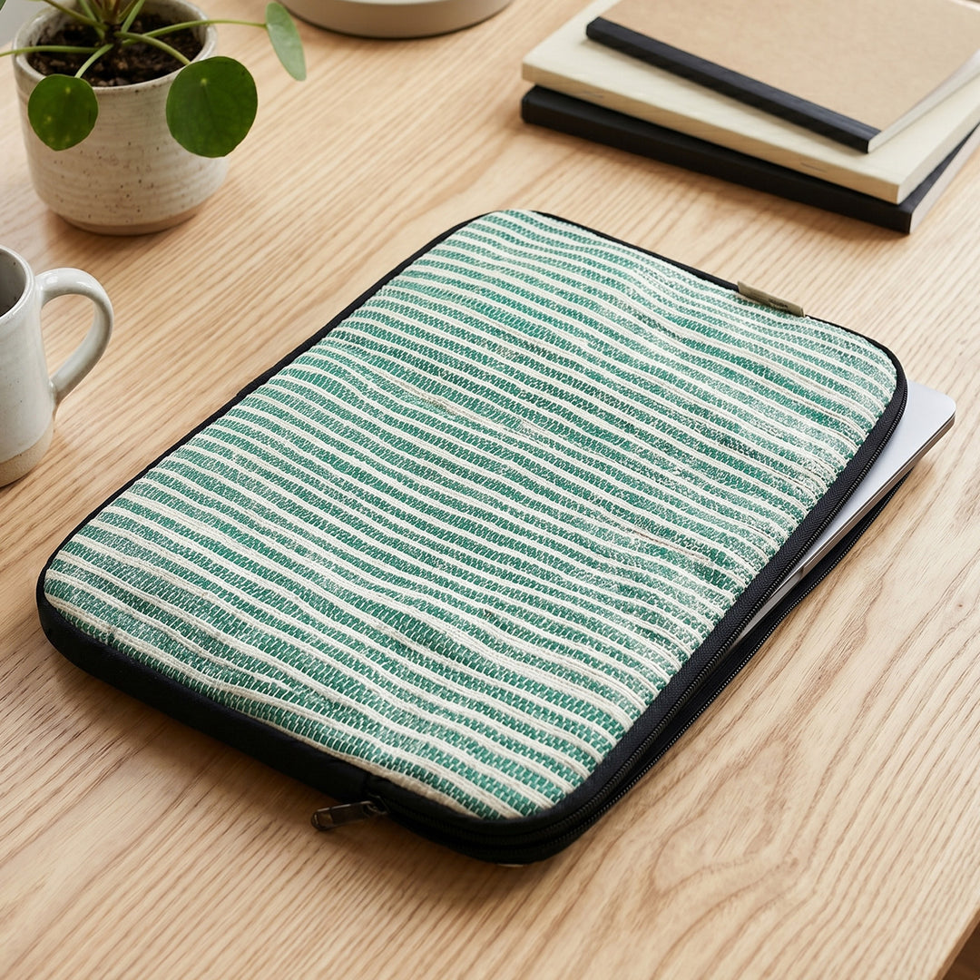Handcrafted Green and White Striped Upcycled Plastic 14" Laptop Sleeve