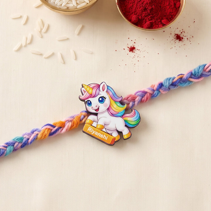 Personalized Reusable Unicorn MDF Wood Rakhi With Roli Chawal