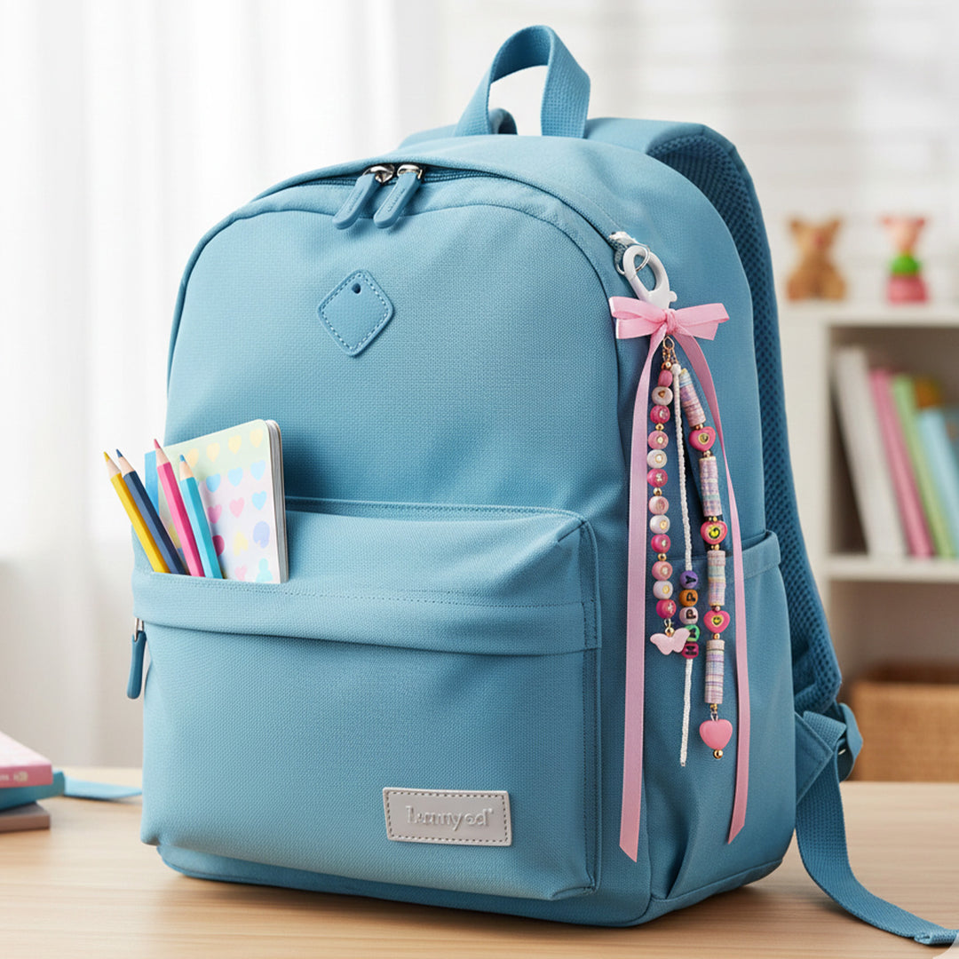 Personalized Beaded Pink Hearts & Ribbon Bow Bag Charm For Kids