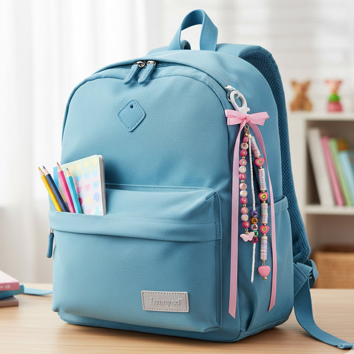 Personalized Beaded Pink Hearts & Ribbon Bow Bag Charm For Kids