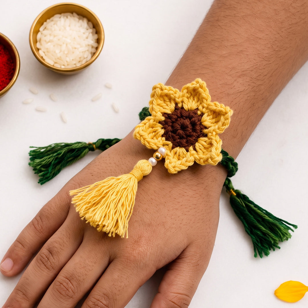 Handmade Crochet Sunflower Rakhi With Roli Chawal for Bhaiya
