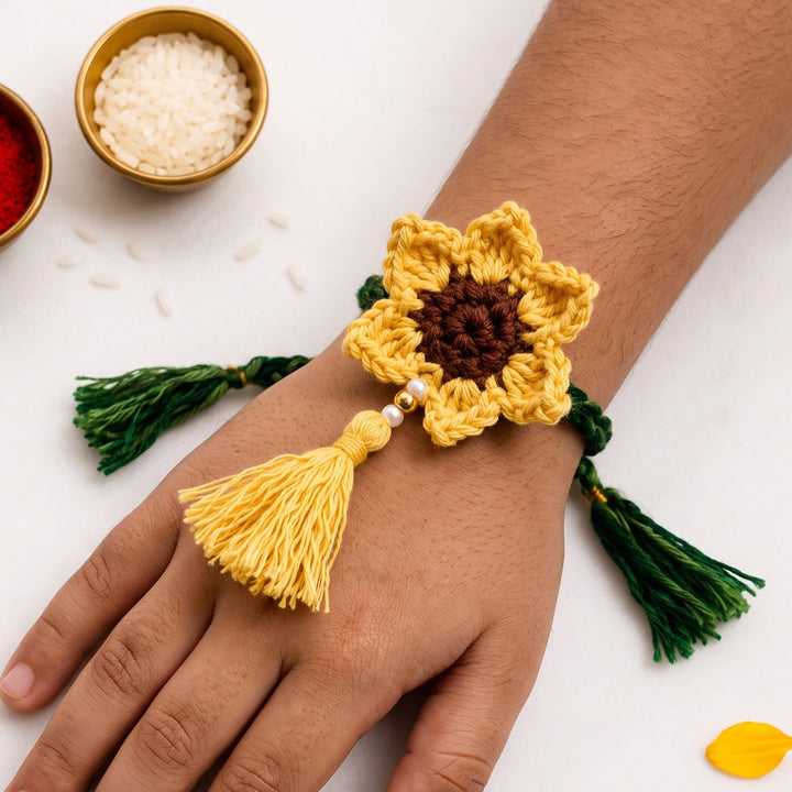 Handmade Crochet Sunflower Couple Rakhi Lumba Set With Roli Chawal for Bhaiya Bhabhi | Set Of 2