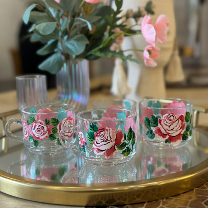 Hand-Painted Pink Roses Glass Tea Cups