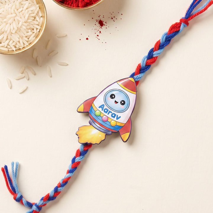 Personalized Reusable Spaceship MDF Wood Rakhi With Roli Chawal