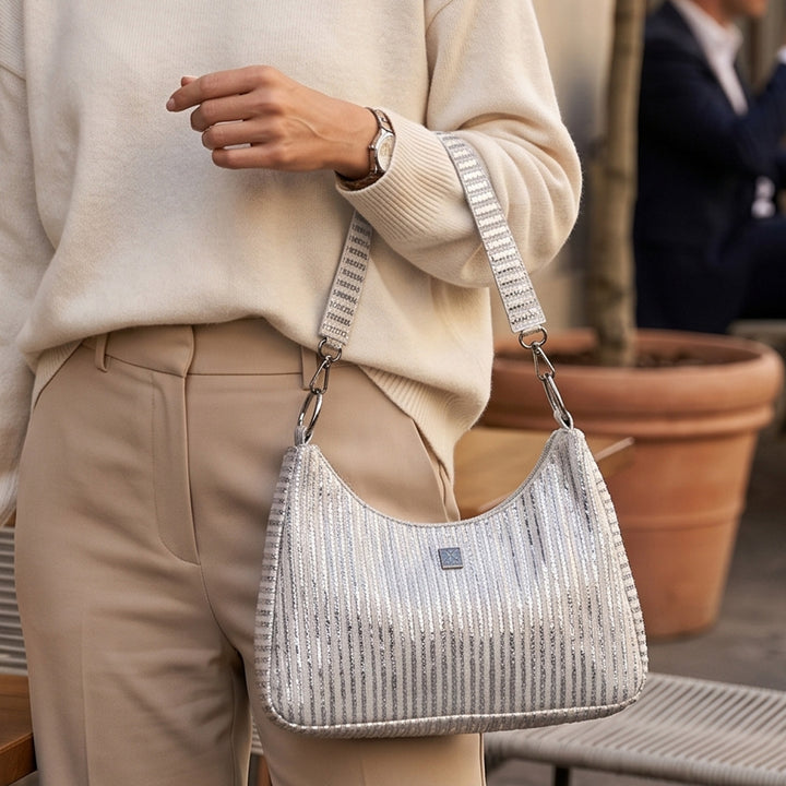 Silver and White Striped Upcycled Plastic Handcrafted Baguette Handbag