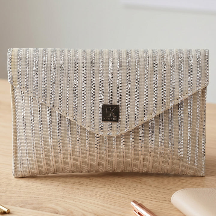 White and Silver Striped Upcycled Plastic Handcrafted Envelope Clutch Sling