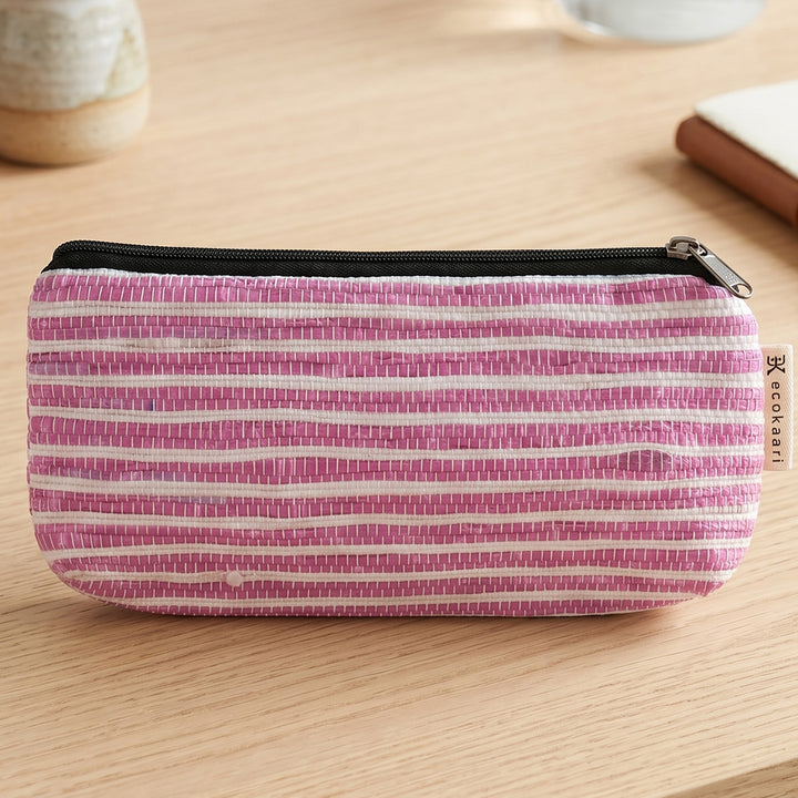 Pink and White Striped Upcycled Plastic Handcrafted Multi-Purpose Pouch
