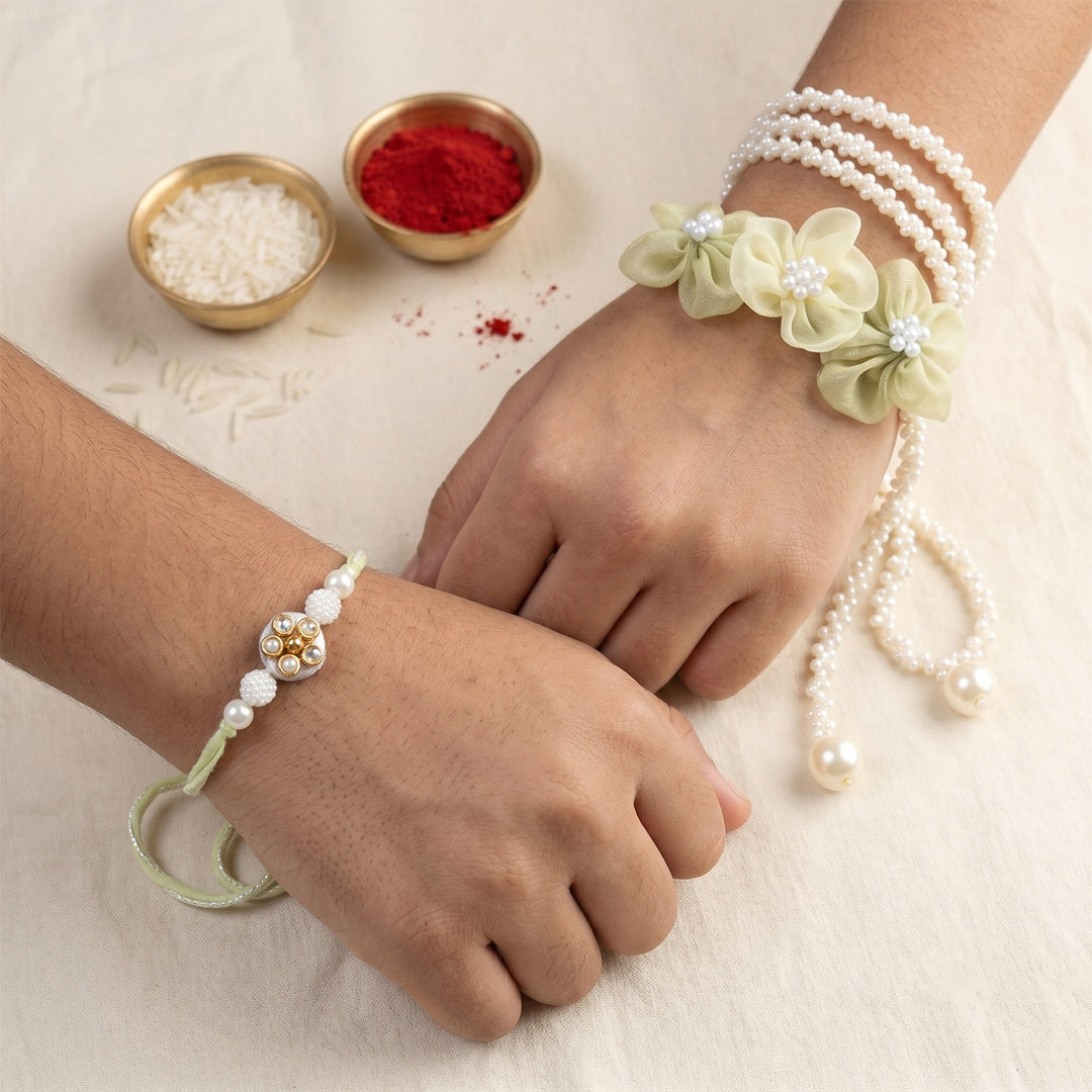 Handmade Hariyali Saaj Green Floral Couple Rakhi Lumba Set With Roli Chawal For Bhaiya Bhabhi