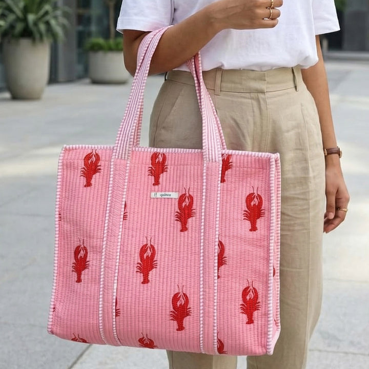 Handmade Large Pink Lobster Cotton Tote Bag