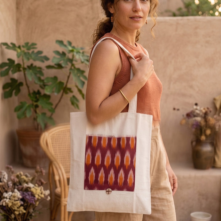 Handcrafted Foldable Cotton Ikat Red Tote Bag