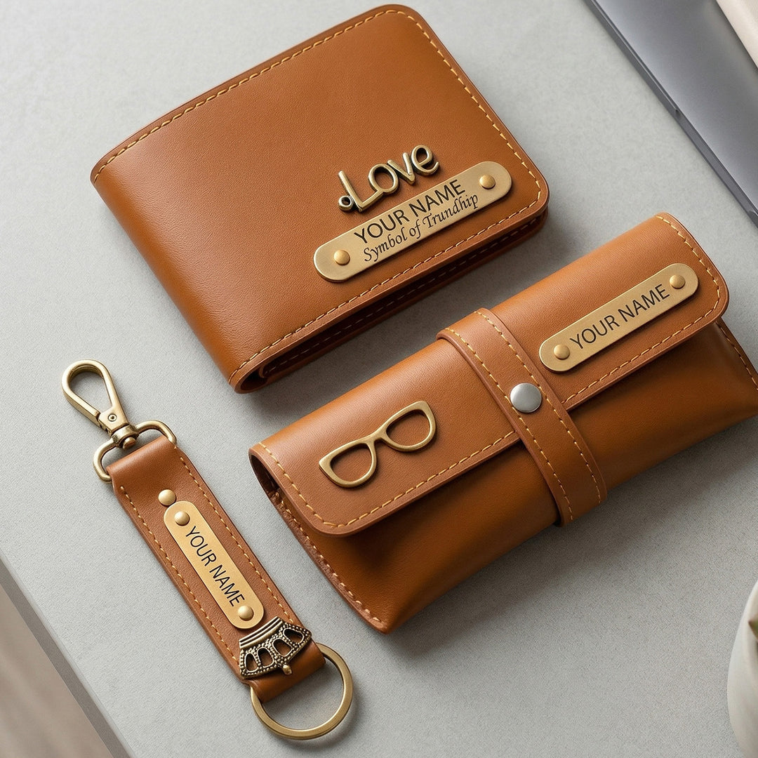 3 Pc | Personalized Faux Leather Gift Set For Men | Includes 1 Wallet, 1 Keychain, 1 Eyeware Case