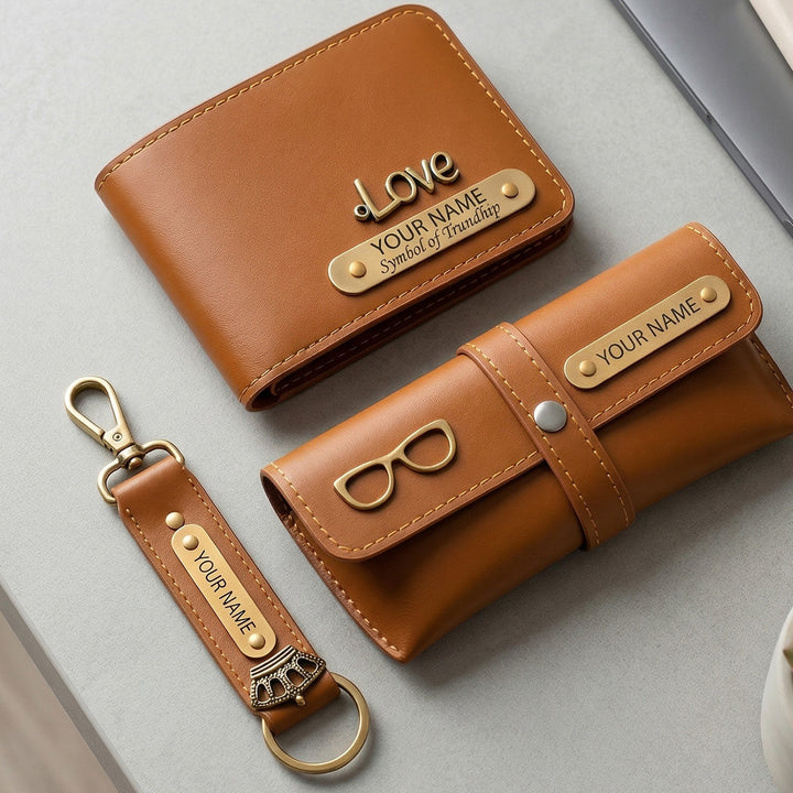 3 Pc | Personalized Faux Leather Gift Set For Men | Includes 1 Wallet, 1 Keychain, 1 Eyeware Case