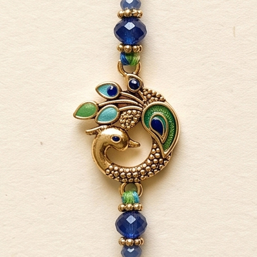 Morpankh Peacock Feather Kundan Rakhi With Roli Chawal For Brother