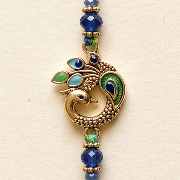 Morpankh Peacock Feather Kundan Rakhi With Roli Chawal For Brother
