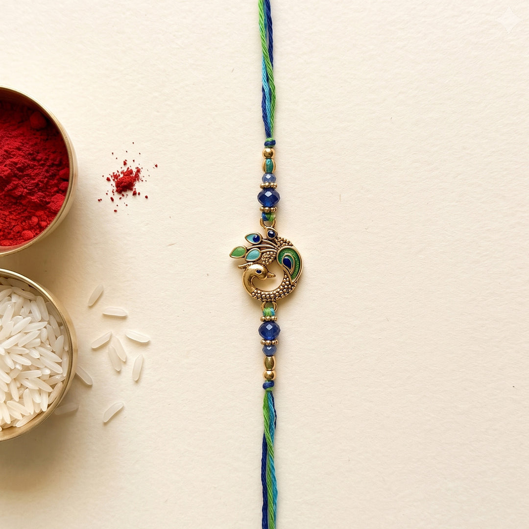 Morpankh Peacock Feather Kundan Rakhi With Roli Chawal For Brother
