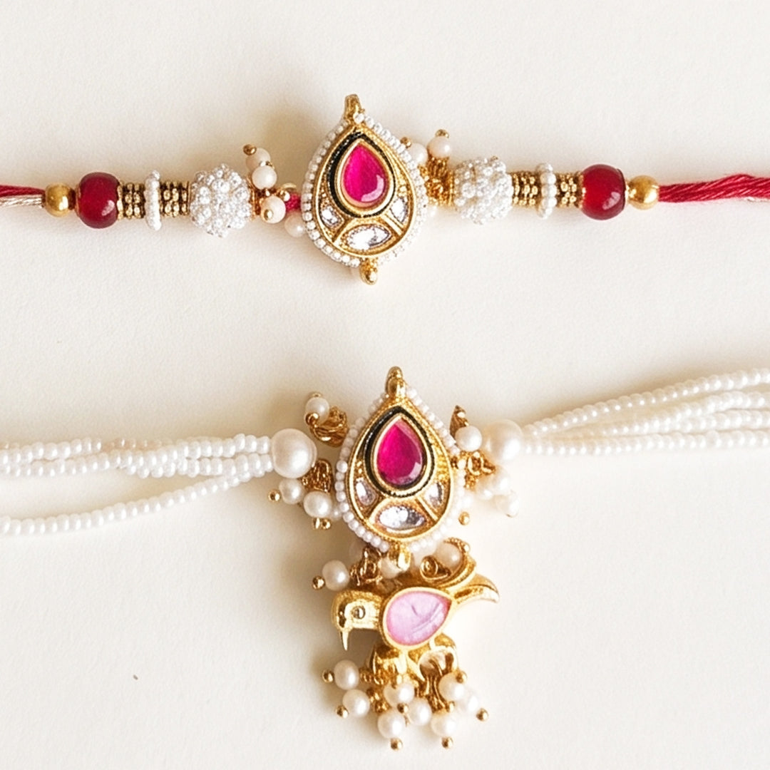 Paan Meenakari Bhaiya Bhabhi Rakhi Set With Roli Chawal | Set of 2