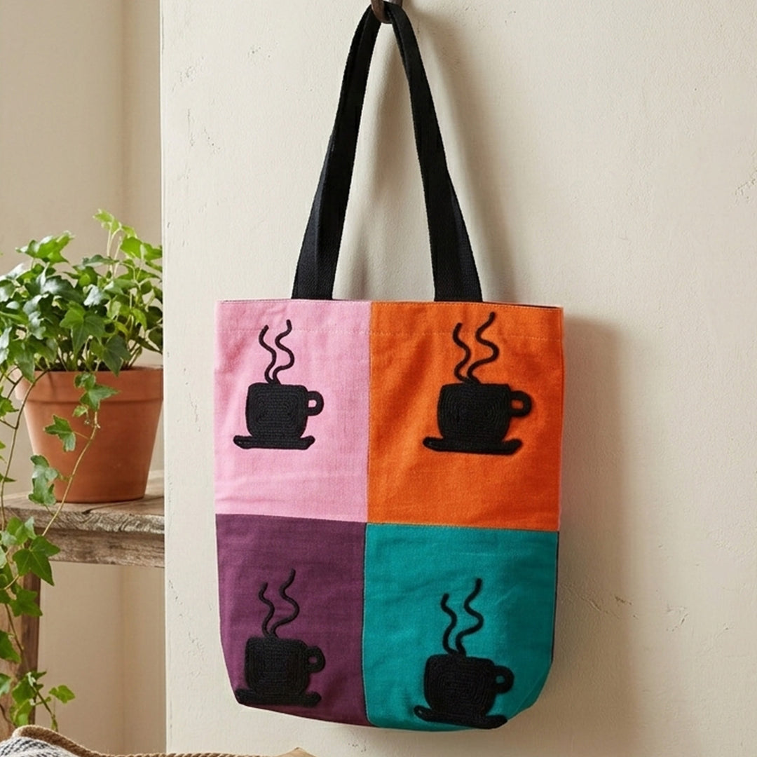 Hand-Embroidered Dori Work Coffee Time Tote Bag